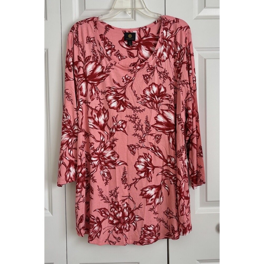 JM Collection Women's Pink Floral Print 3/4 Sleeve Tunic Pull On Crew Neck Rayon